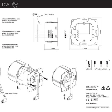Smart Things sCharge 12W inbouw inbouw voedingsadapter 230V met lightning connector  S24L